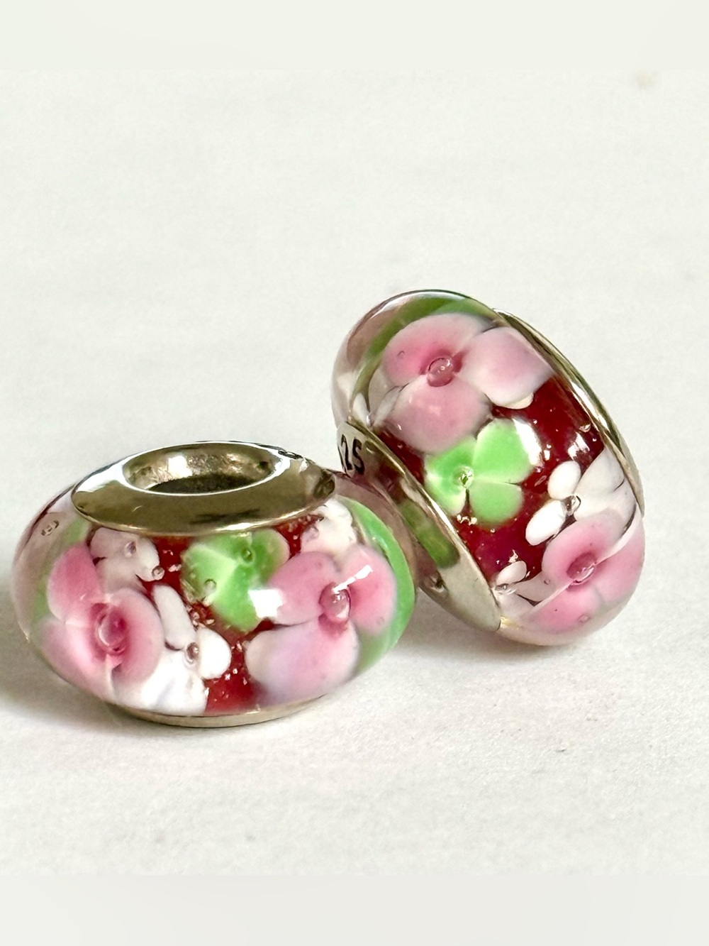 Pink Floral Murano charms set Glass fit Pandora bracelets